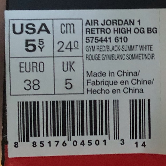 AIR JORDAN 1 Retro High Bred Toe GS 5.5y - Picture 5 of 6